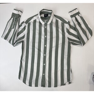H&M Preppy Striped Button-Up Shirt Boho Green White Stripes 100% Cotton Medium